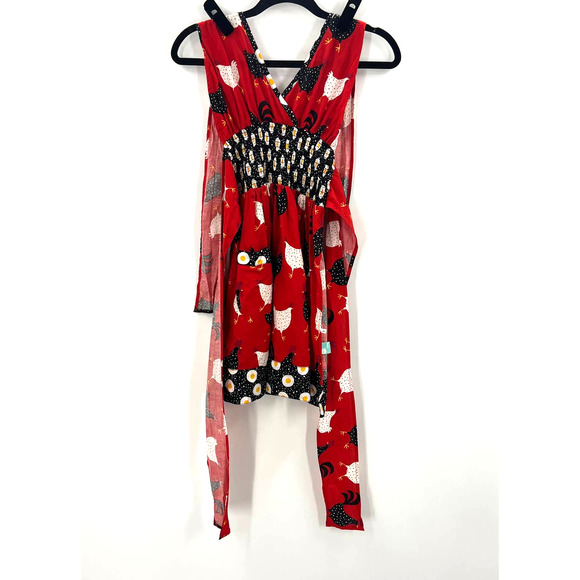 Kitchen Apron Red White Black Hen & Eggs Tie Closure V Neckline Country - Picture 1 of 6